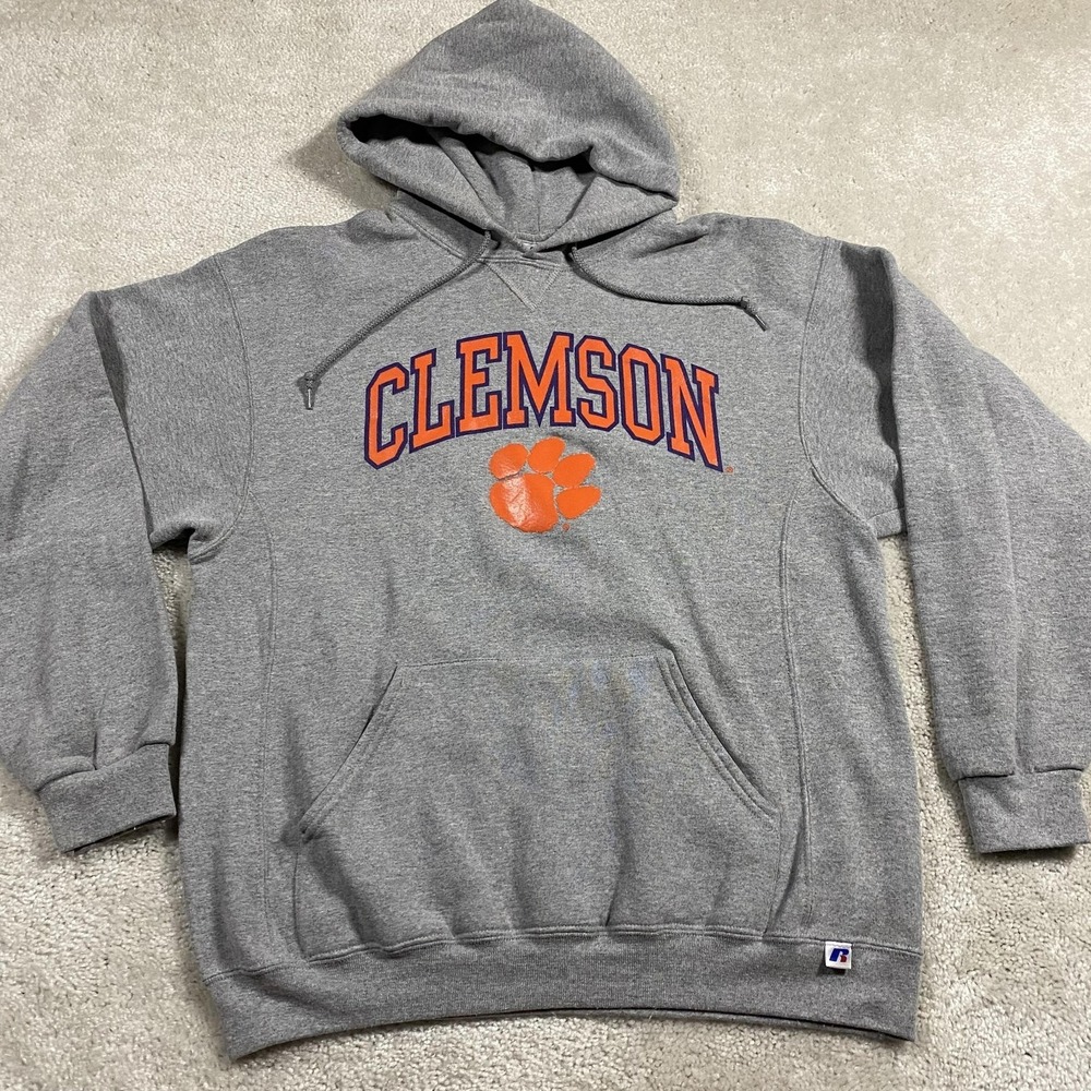 Clemson Tigers Hoodie Mens L Gray NCAA VTG Russell Athletic Pullover